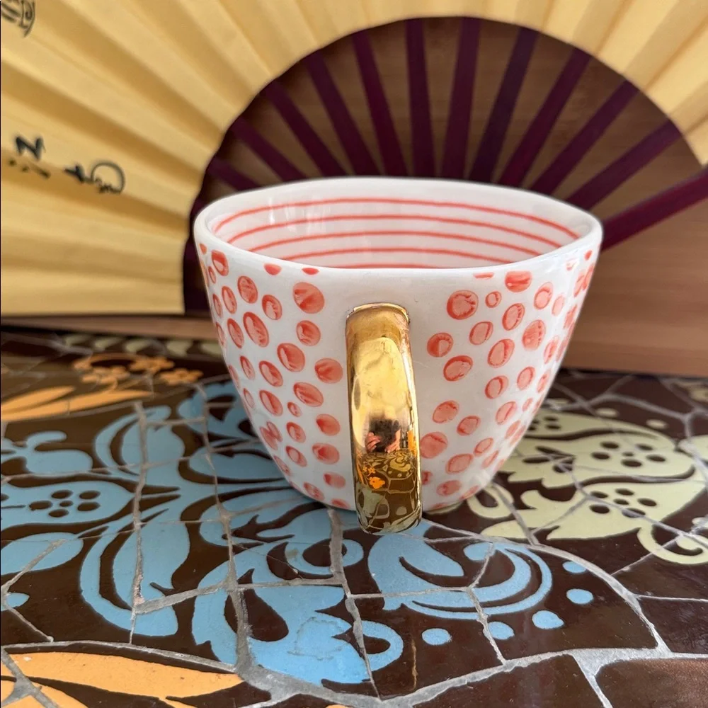 PAPER SOURCE CERAMIC Polka Dot Teacup with Gold Handle.